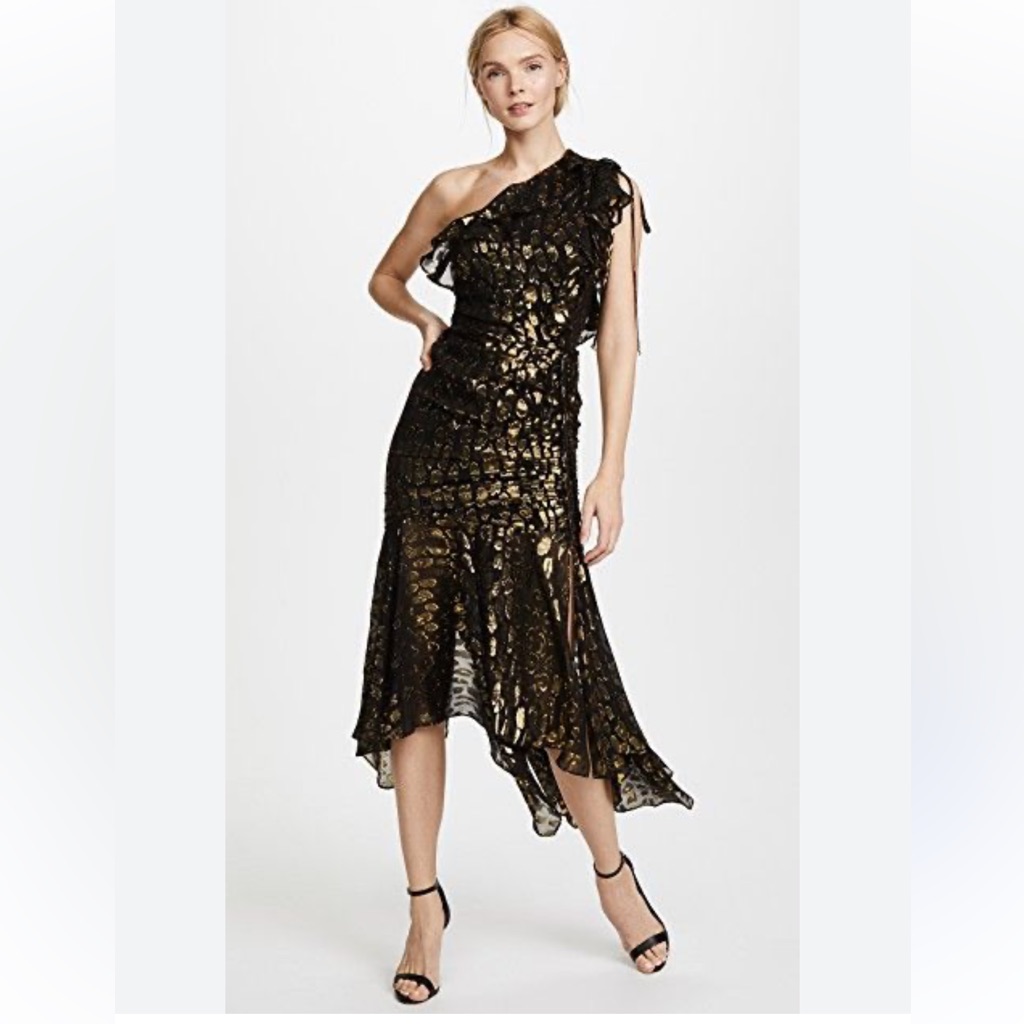 $695. Veronica Beard Leighton One Shoulder Dress. Black & Metallic Gold.